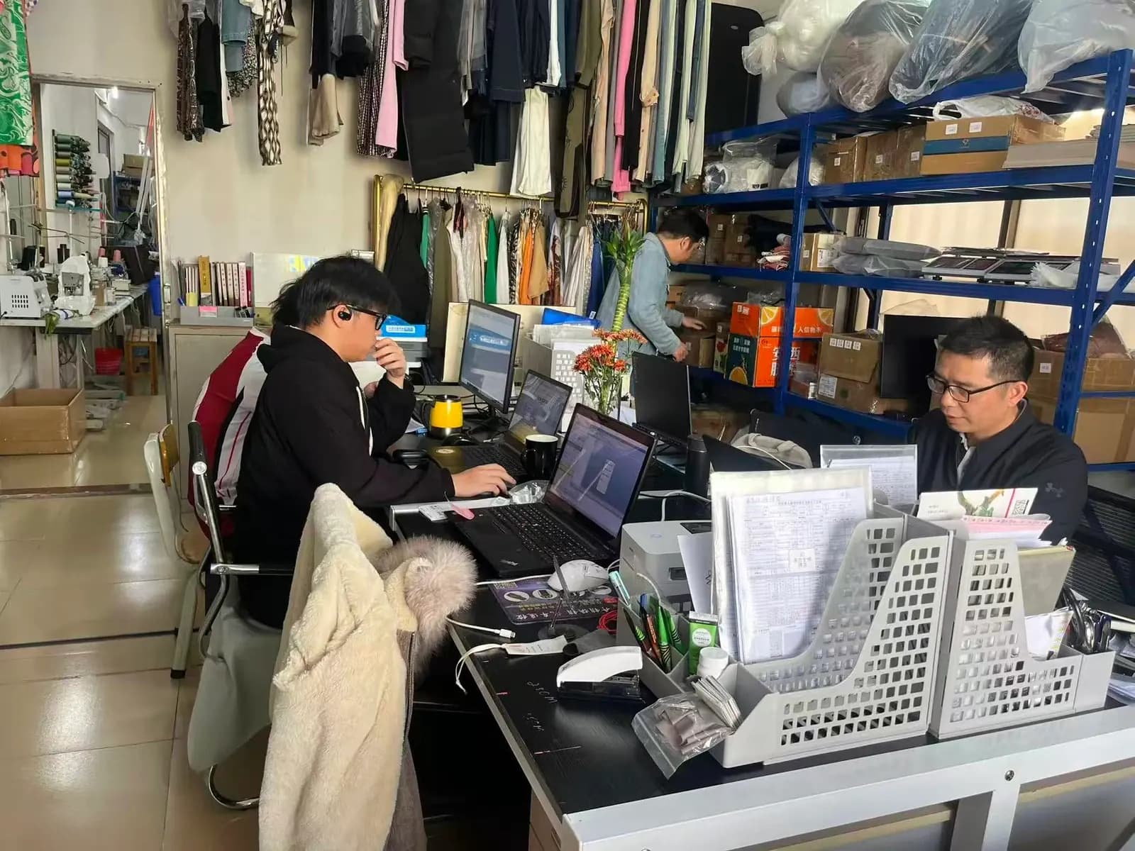 LGF team coordinating samples, materials and production information in the office
