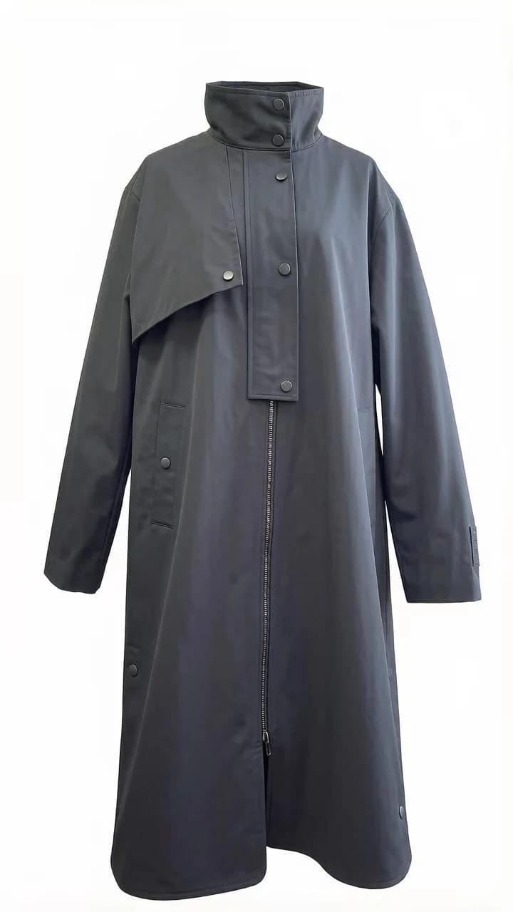 Stand-Collar Zip-Front Long Coat