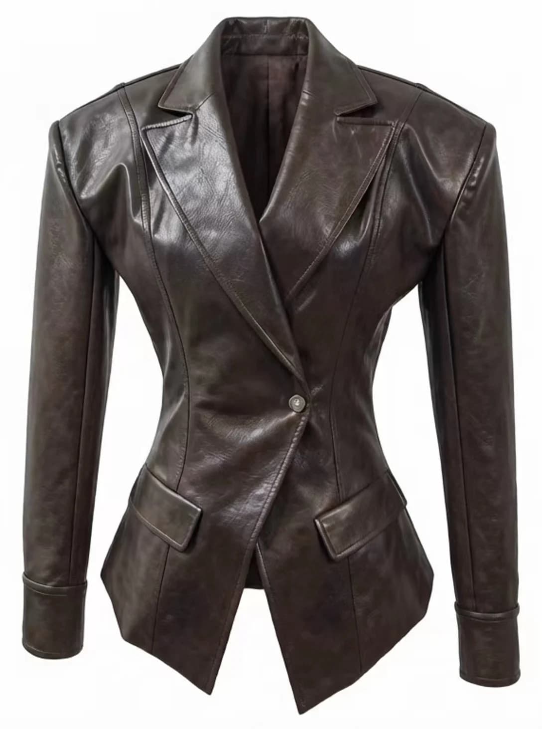 Dark Brown PU Leather Fitted Blazer Jacket
