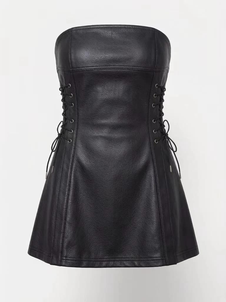 Black PU Leather Lace-Up Strapless Mini Dress