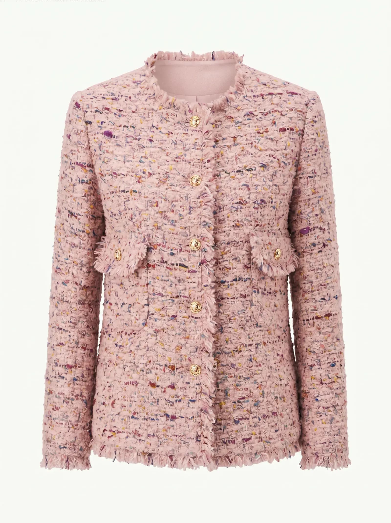 Pink Fancy-Tweed Fringe-Trim Jacket
