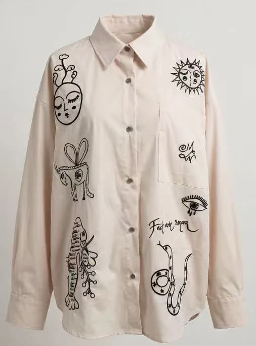 Cream Doodle-Embroidered Oversized Shirt