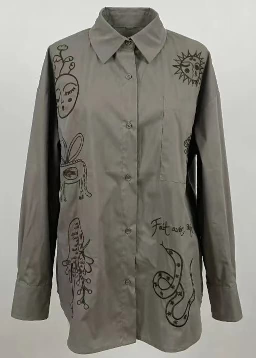 Grey Doodle-Embroidered Oversized Shirt