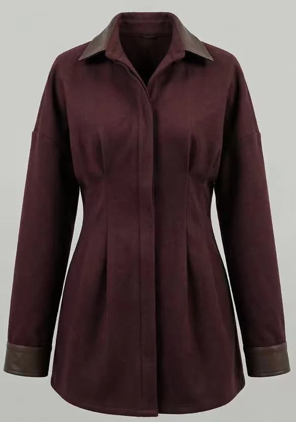 Burgundy Suede-Look PU-Trim Shirtdress