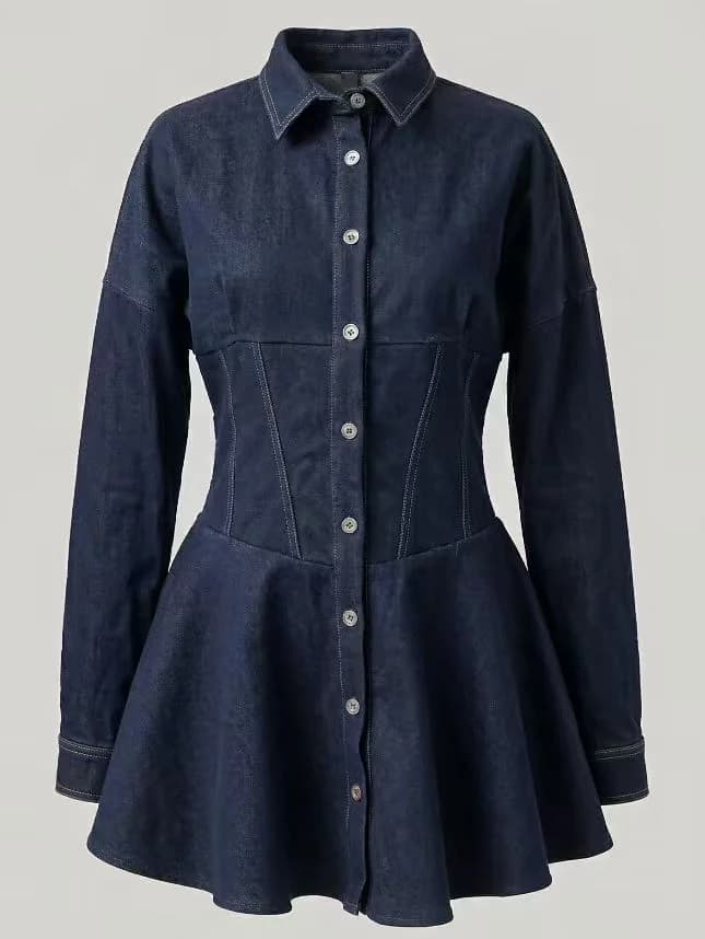 Indigo Denim Corset Peplum Shirtdress