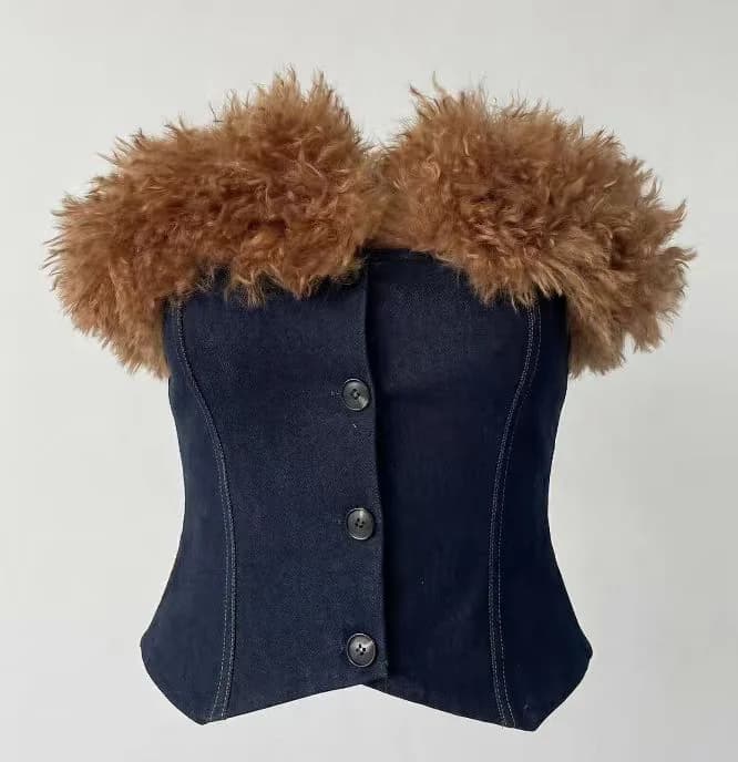 Denim Faux-Fur Trim Corset Top