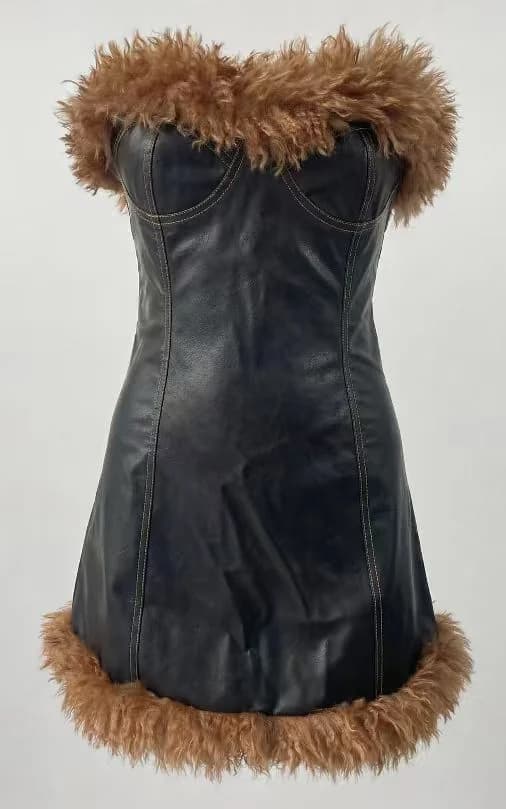 Black PU Leather Faux-Fur Trim Mini Dress