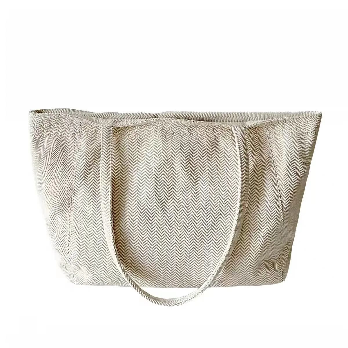 Natural Herringbone Canvas Tote Bag