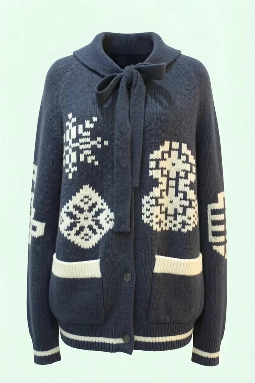 Navy Jacquard-Knit Cardigan with Tie Neck
