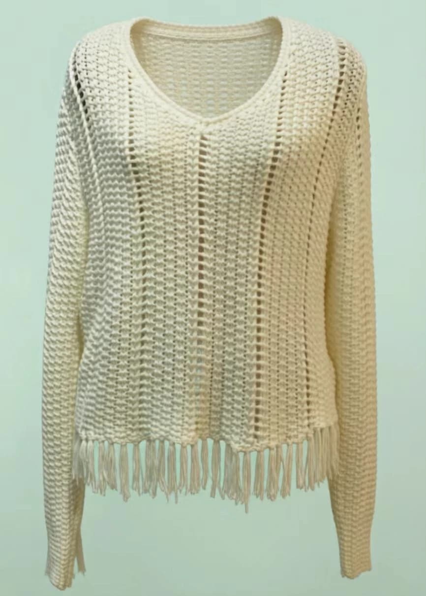 Openwork Knit Blouse with Fringe Hem