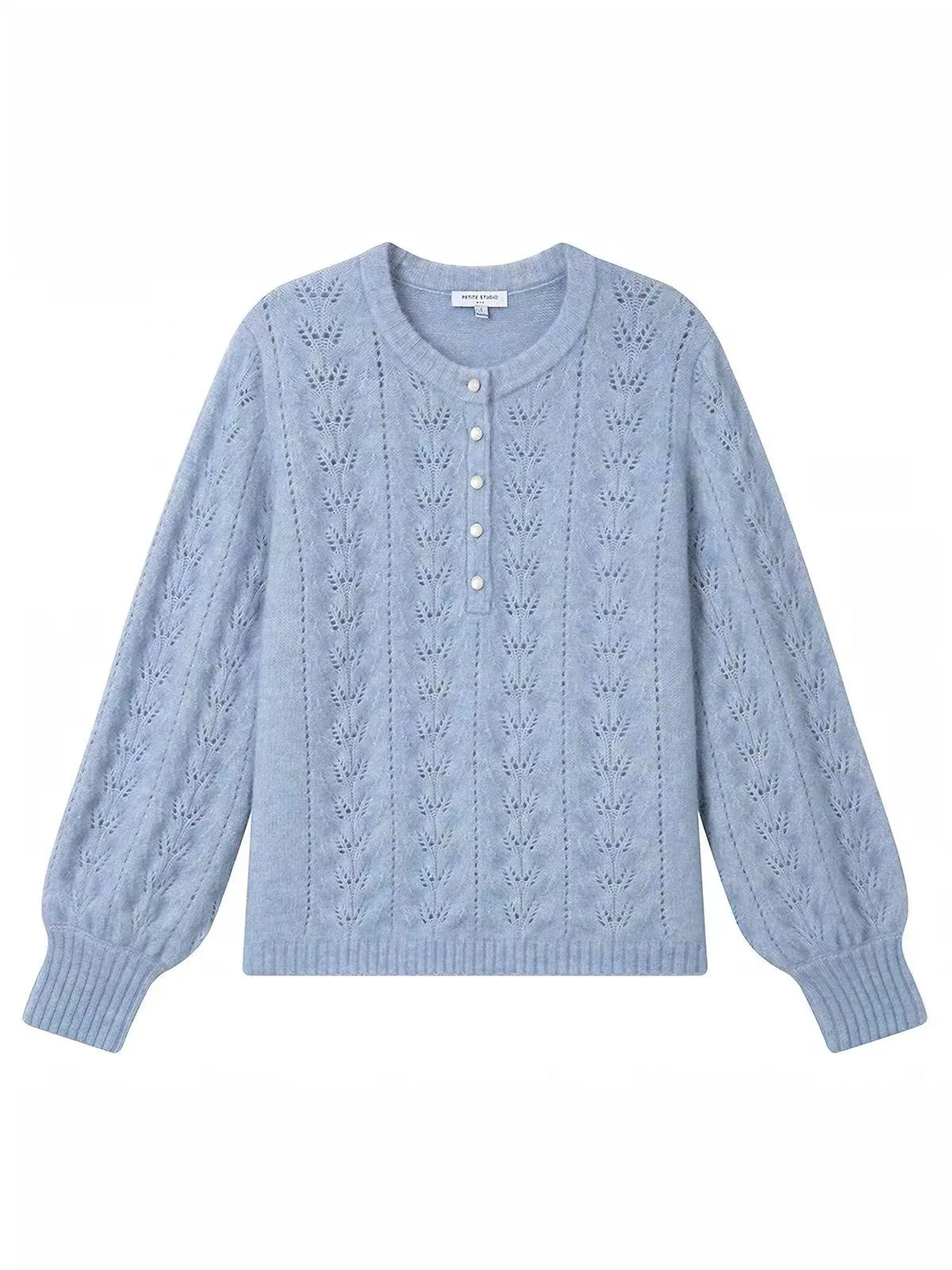 Blue Pointelle Henley Pullover