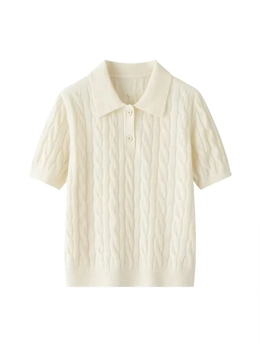 Ivory Cable-Knit Polo Top