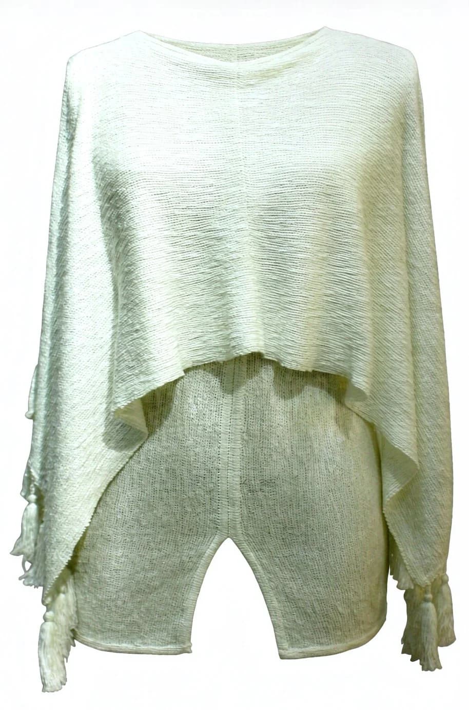 Cream Open-Knit Fringe Poncho & Shorts Set