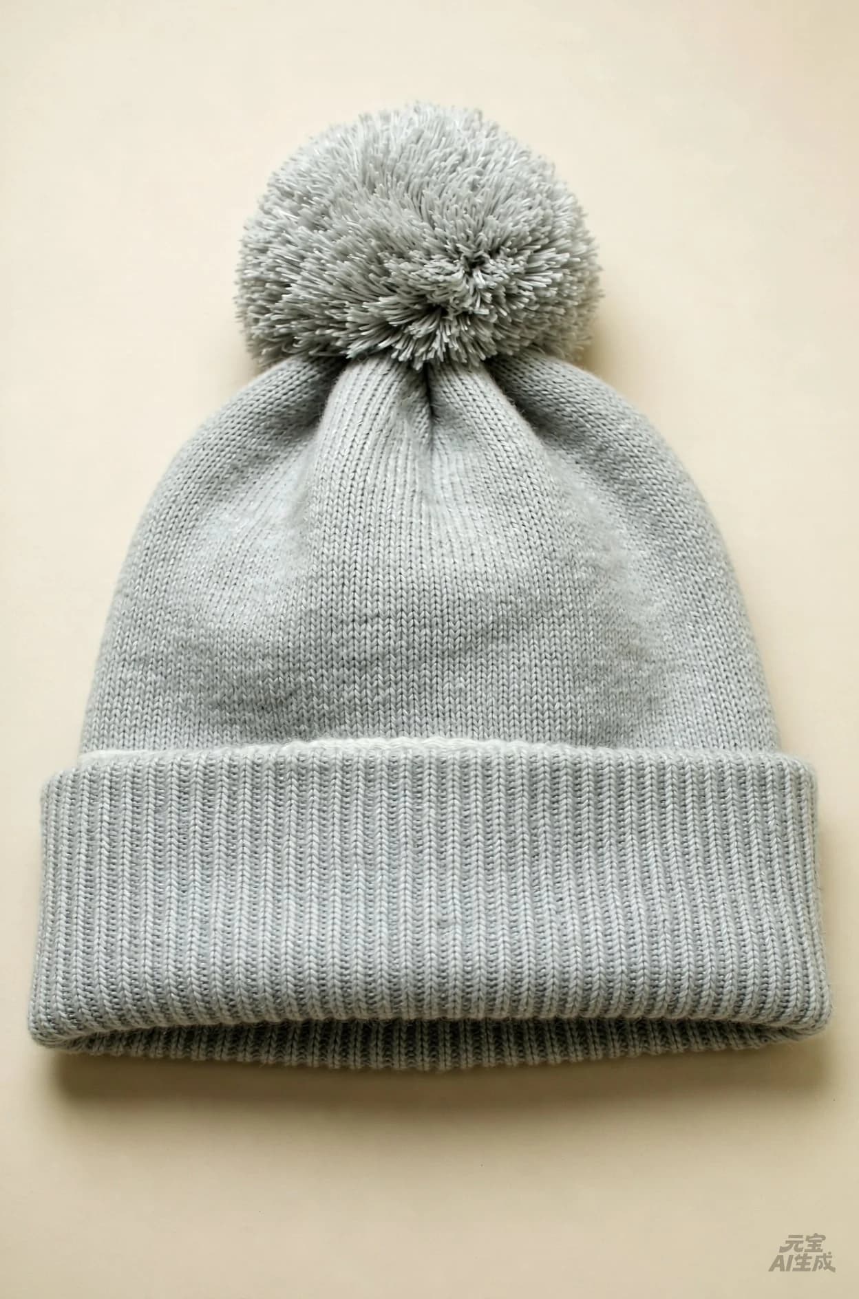 Grey Ribbed Knit Pom-Pom Beanie