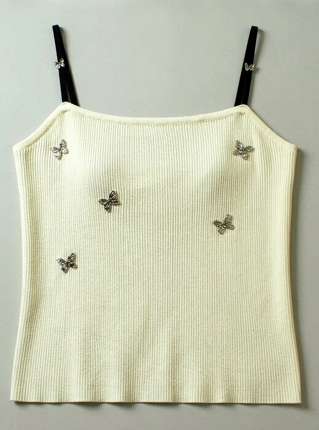 Cream Ribbed Knit Camisole with Butterfly Accents