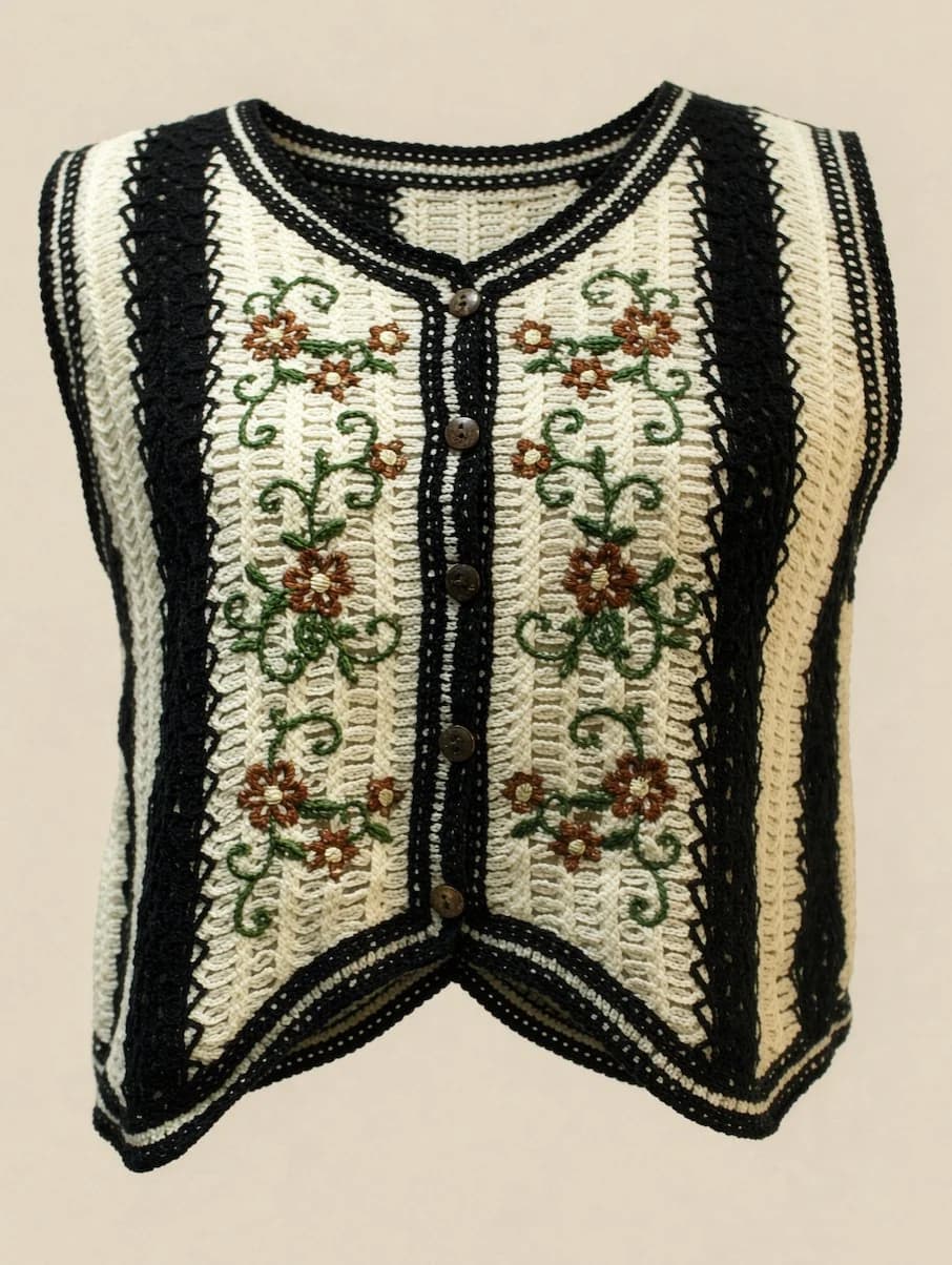 Cream Floral Embroidered Knit Vest