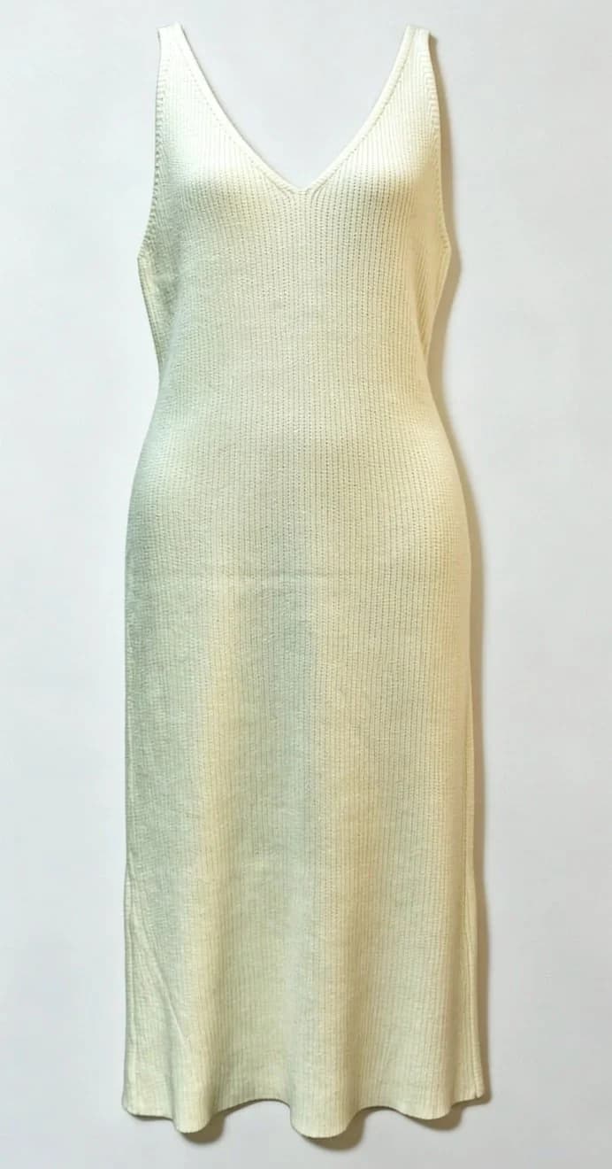 Cream Ribbed Knit V-Neck Midi Dress