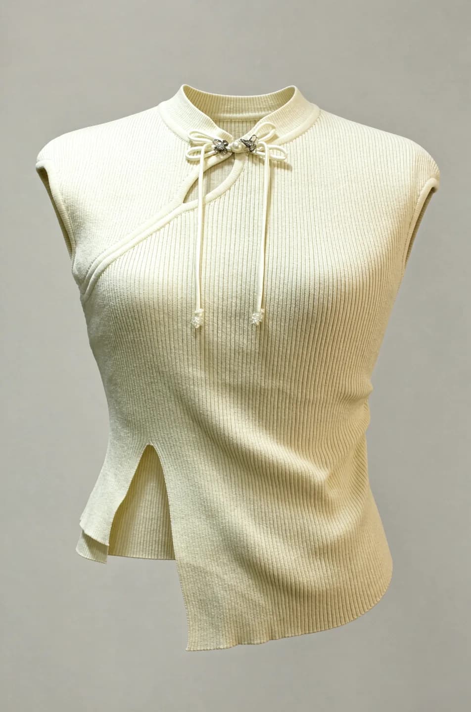 Cream Knot-Button Mandarin-Collar Knit Top