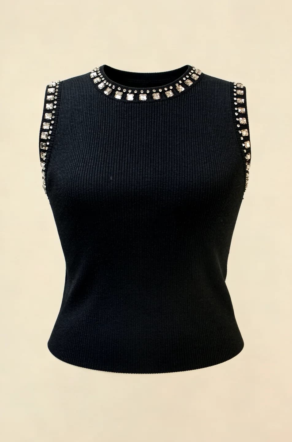 Black Rhinestone-Trim Knit Tank