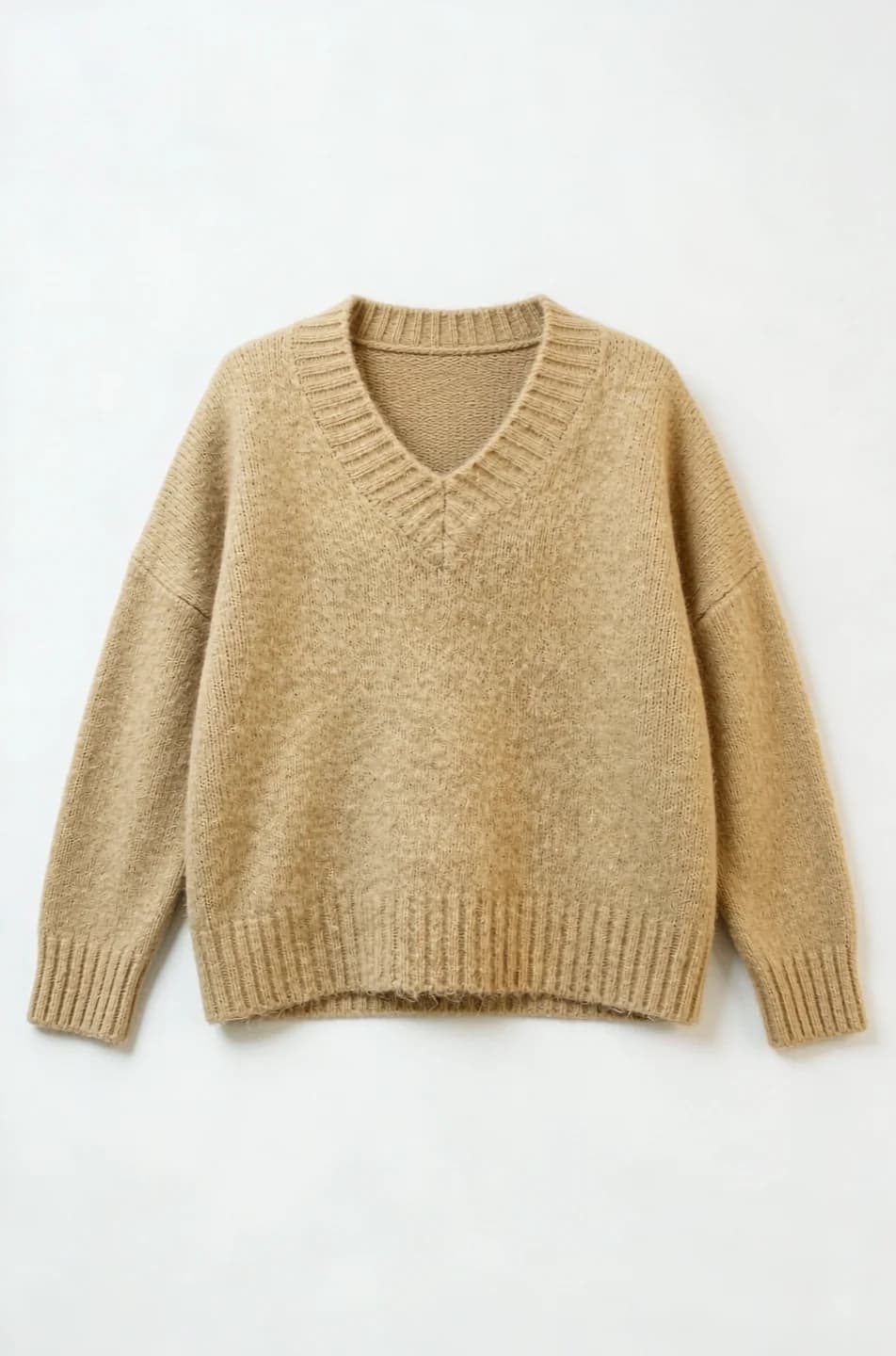 Camel Fuzzy V-Neck Knit Sweater