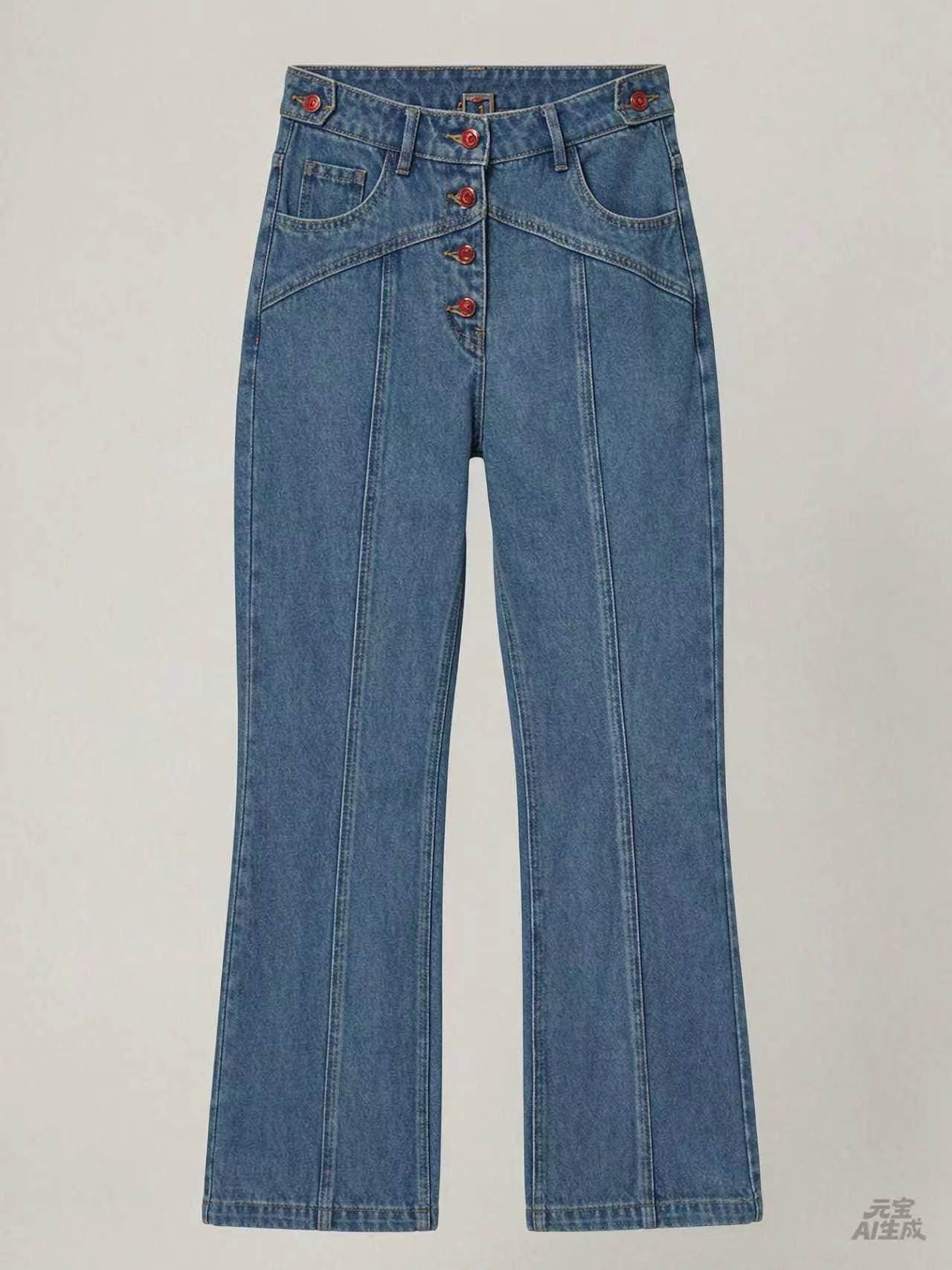 High-Waist Flare Jeans with Red Buttons
