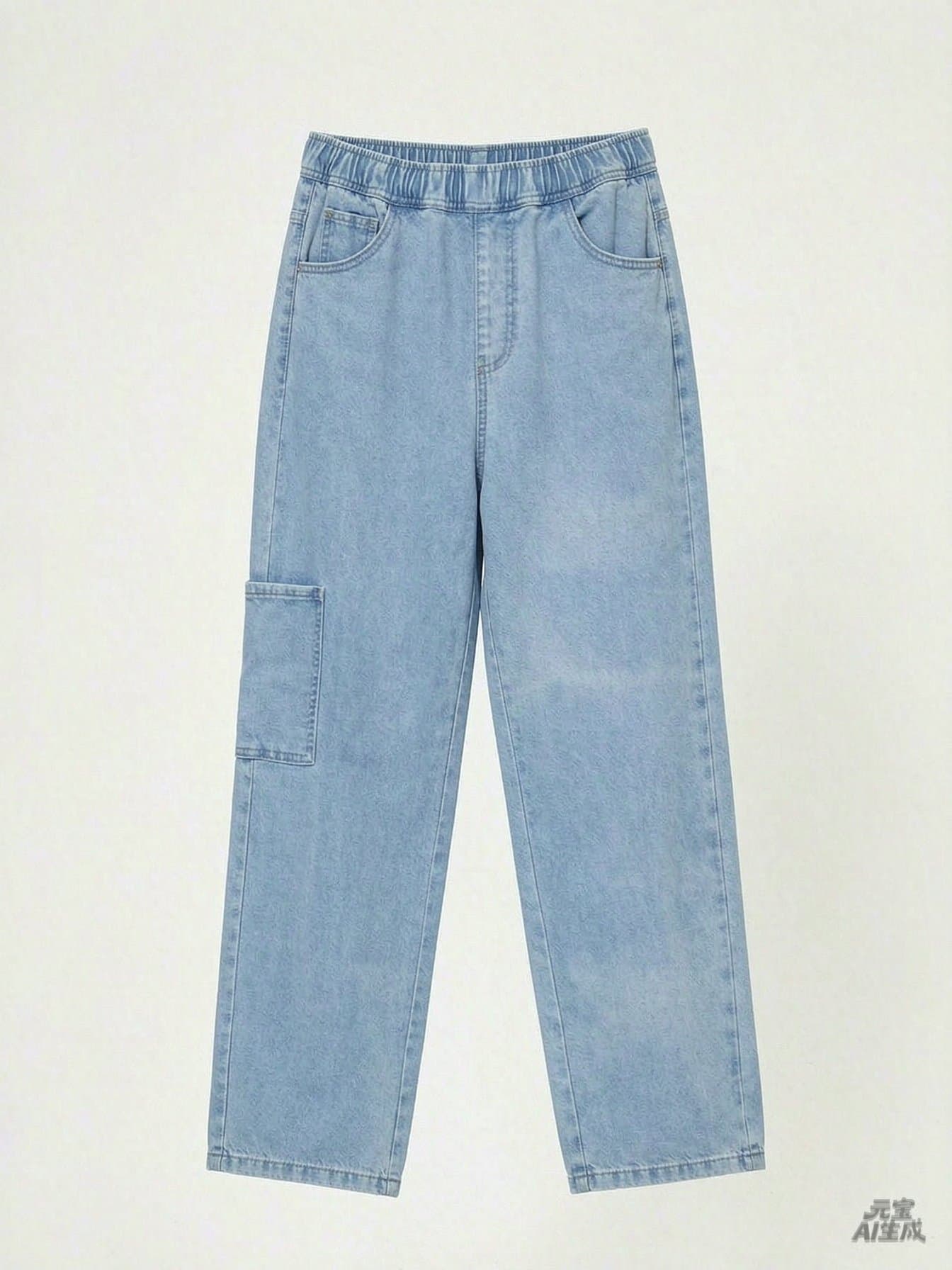 Light-Wash Elastic-Waist Cargo Denim Pants