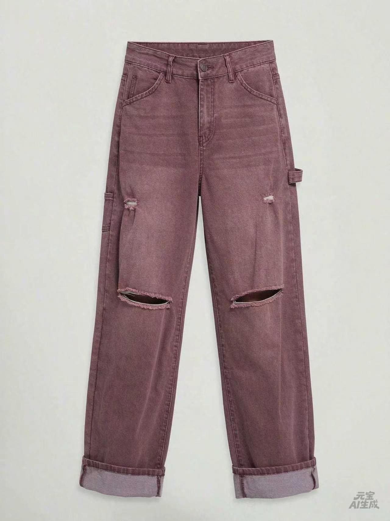 Burgundy Distressed Cargo Jeans