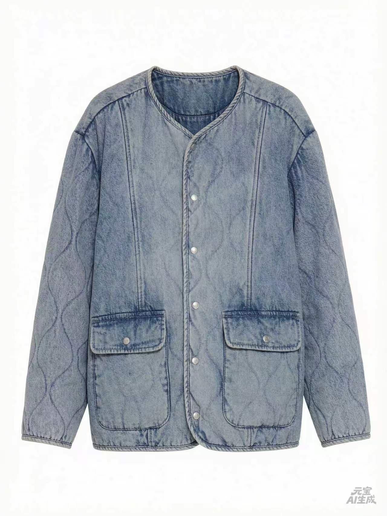 Light-Wash Quilted Collarless Denim Jacket