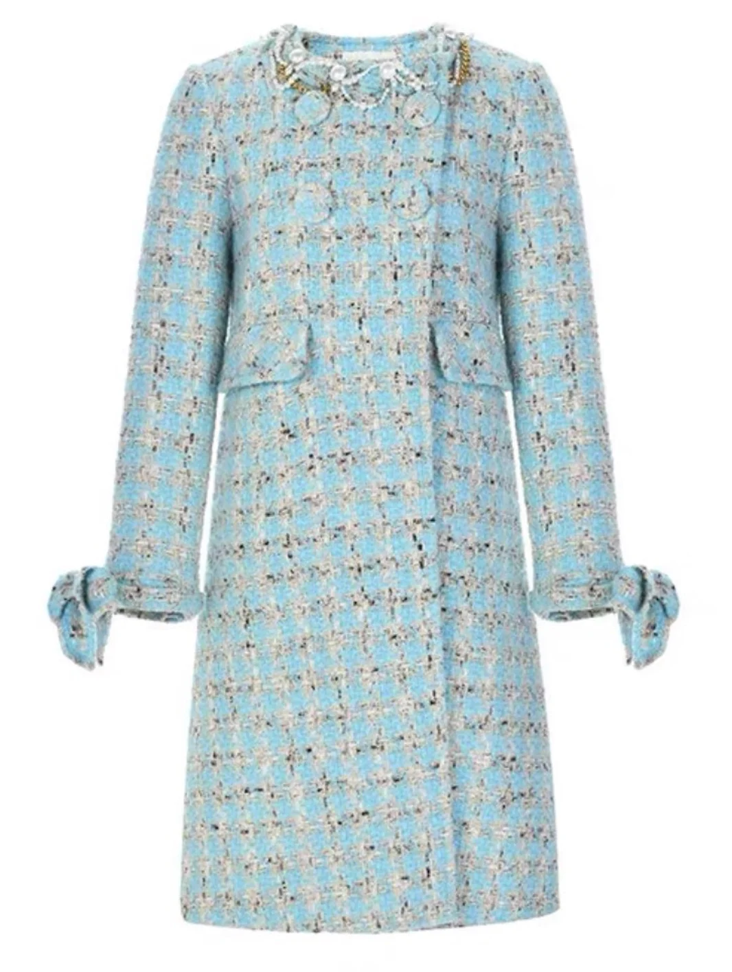 Embellished Blue Fancy-Tweed Long Coat