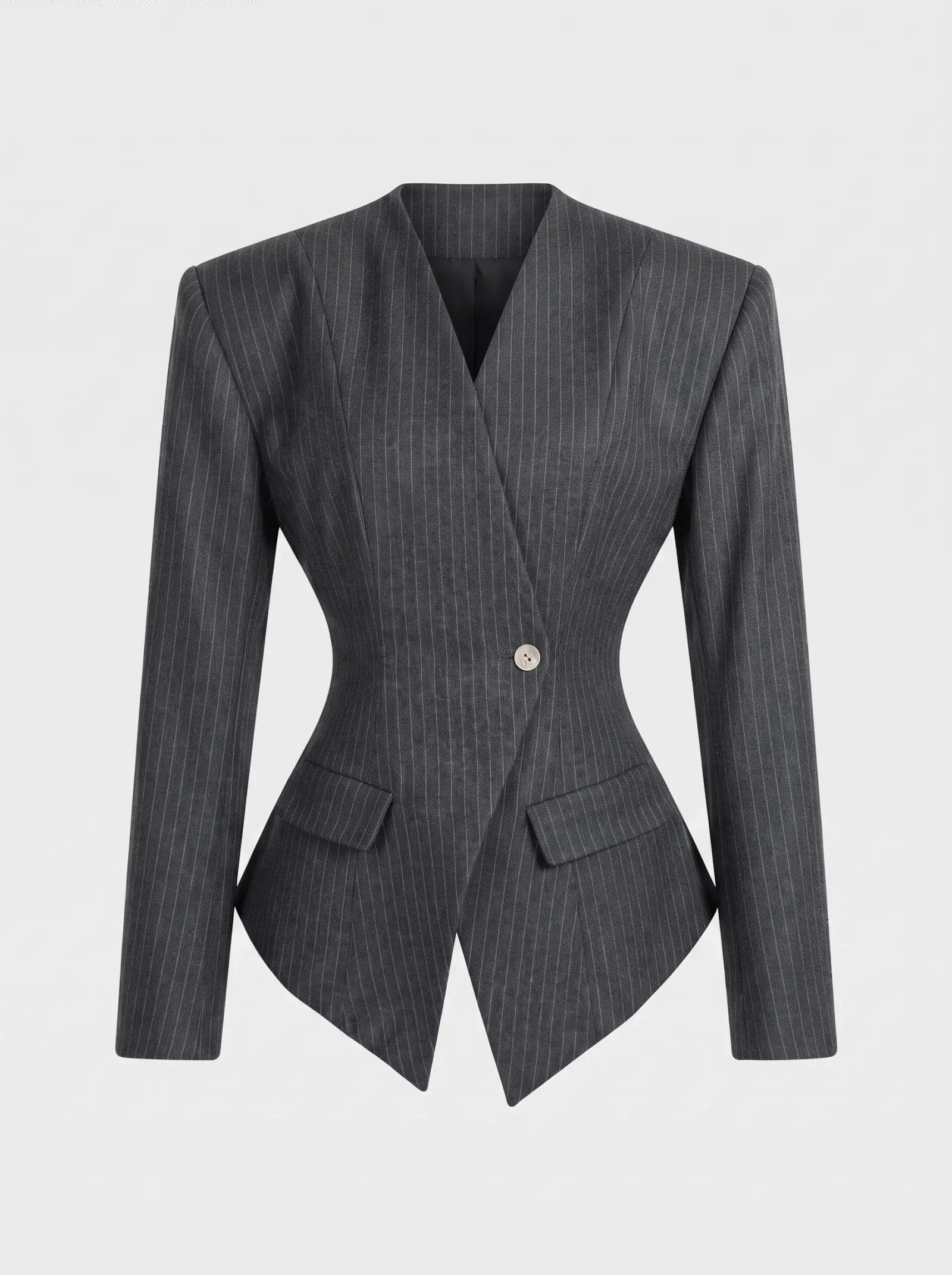 Charcoal Pinstripe Collarless Wool Blazer