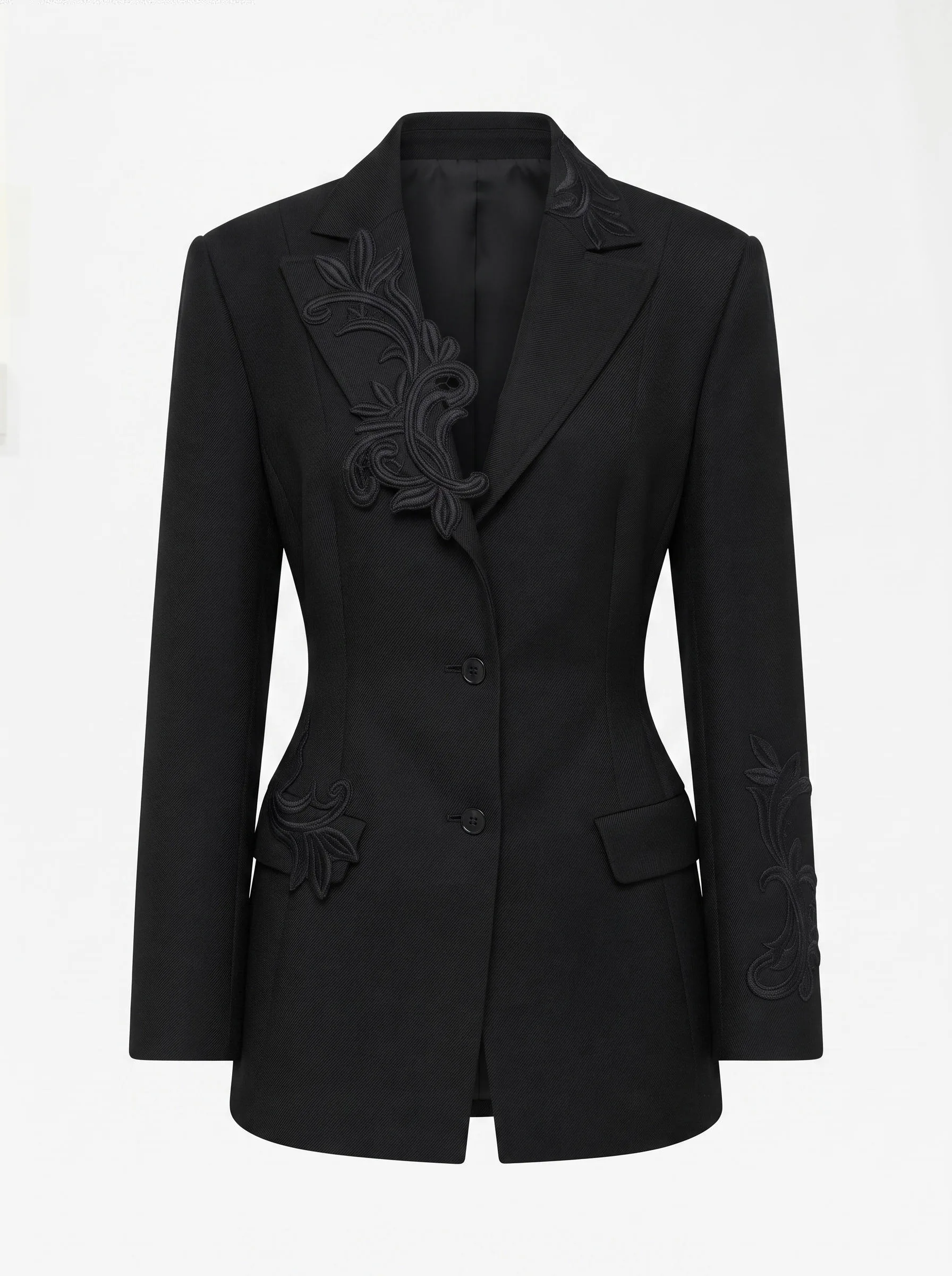 Black Wool-Twill Appliqué Blazer