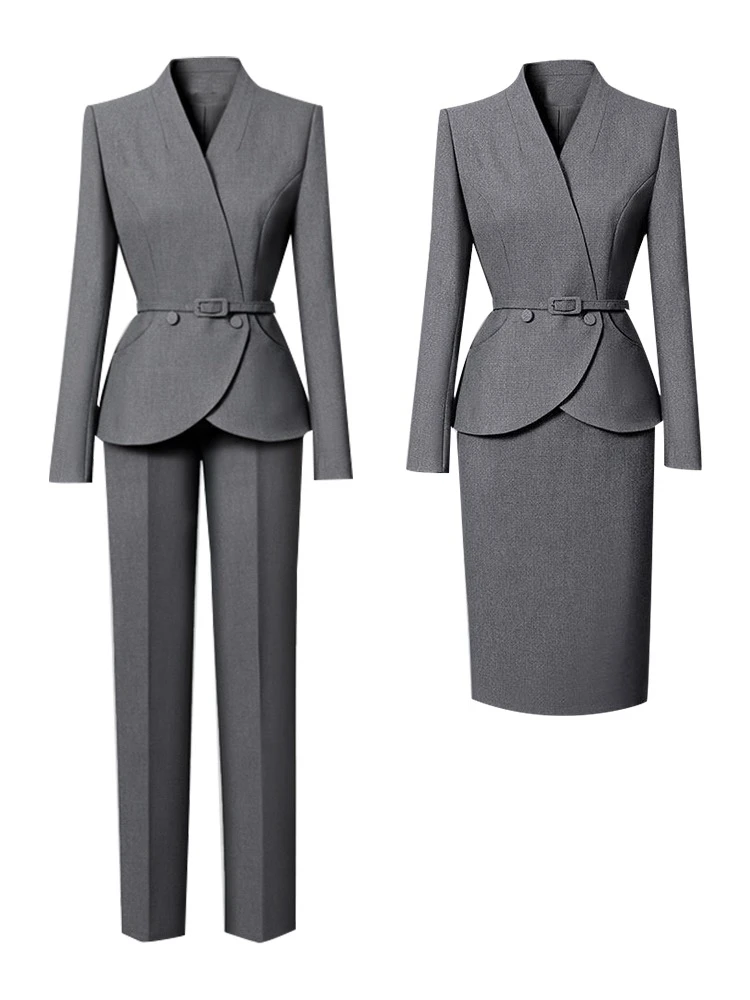 Belted Collarless Blazer, Trouser & Pencil Skirt Set