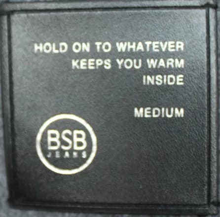 BSB JEANS woven inner label with warmth message and size mark