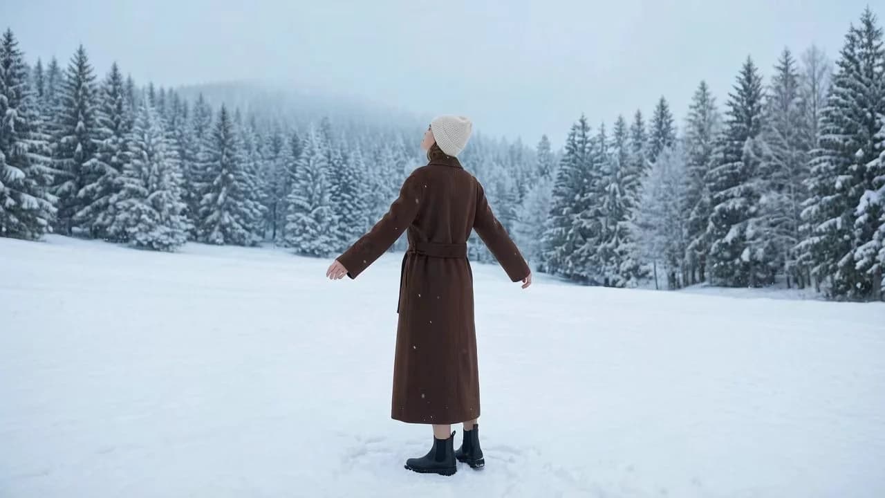 Woman wearing a brown double-faced wool coat in a snowy landscape
