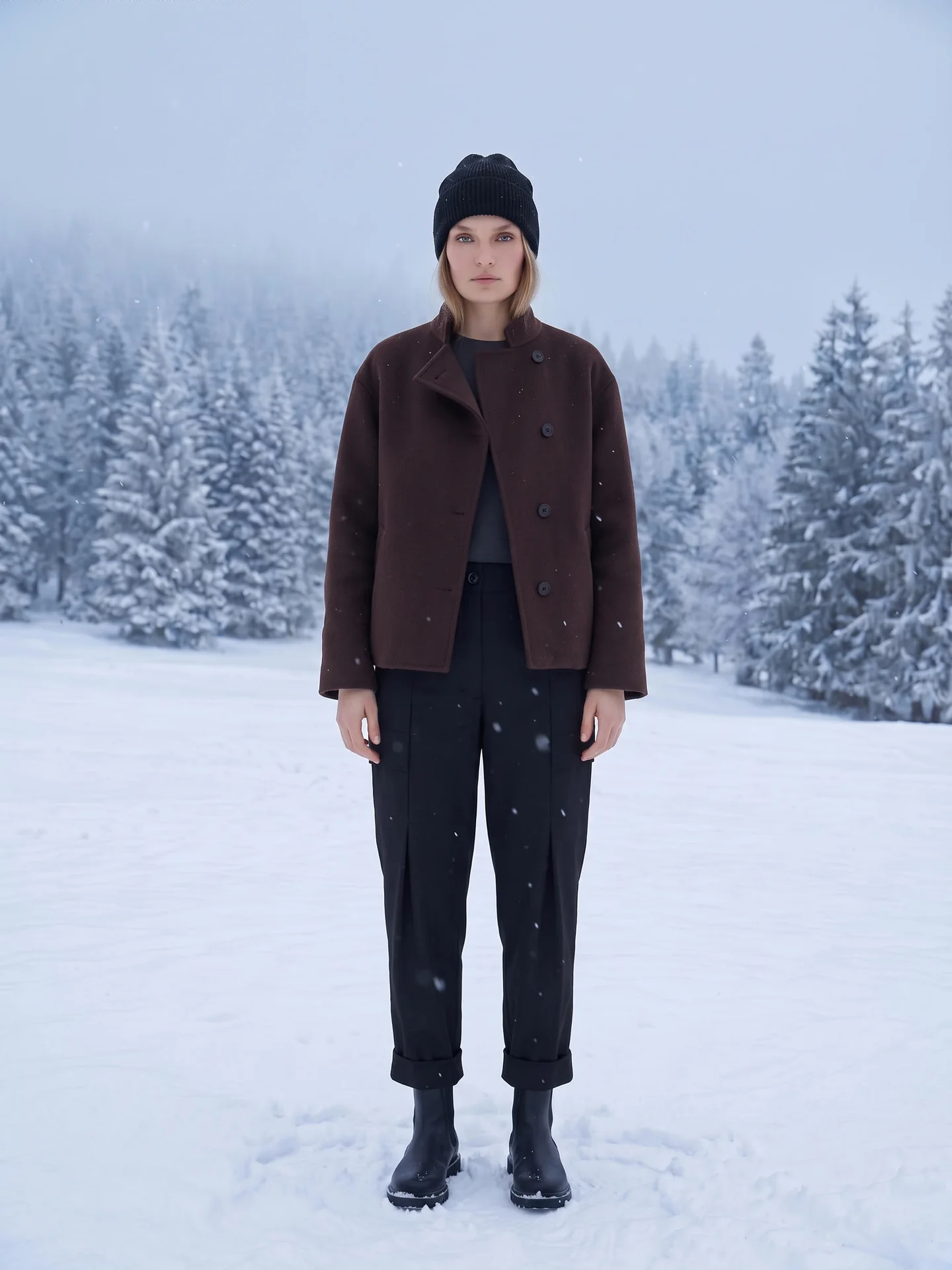 Brown double-faced wool jacket in a snowy landscape