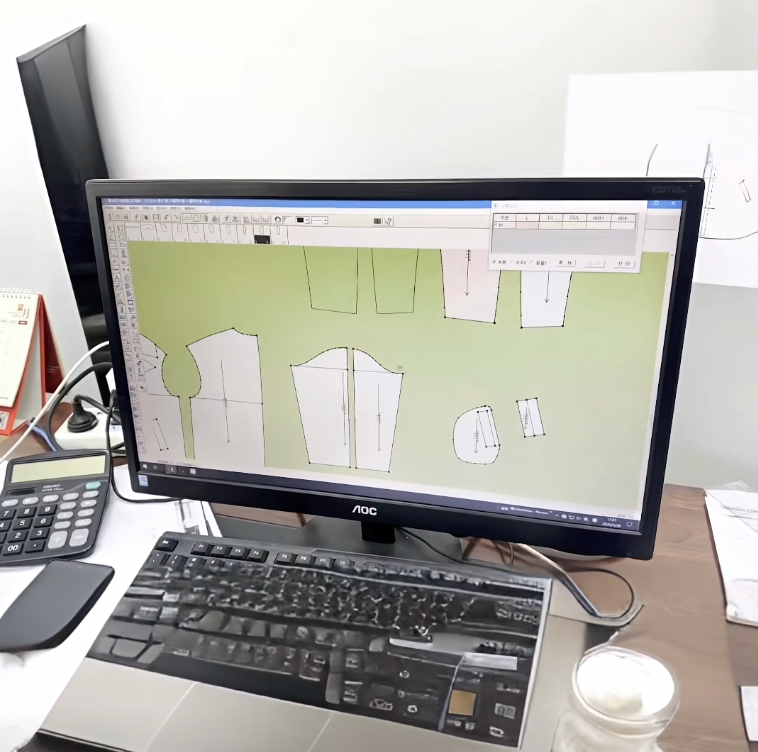 Computer screen showing digital garment pattern pieces in CAD software